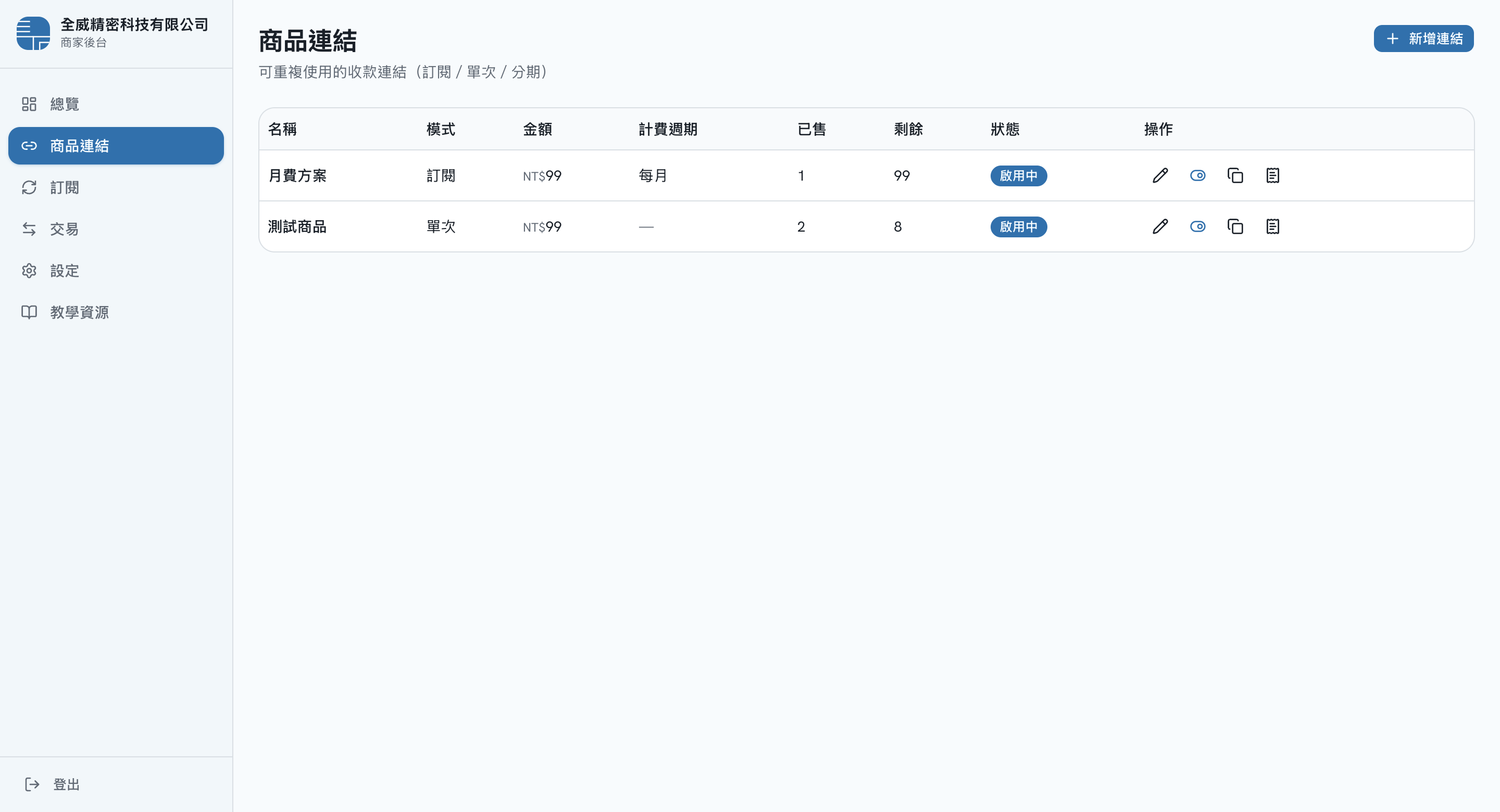 商品連結列表 畫面