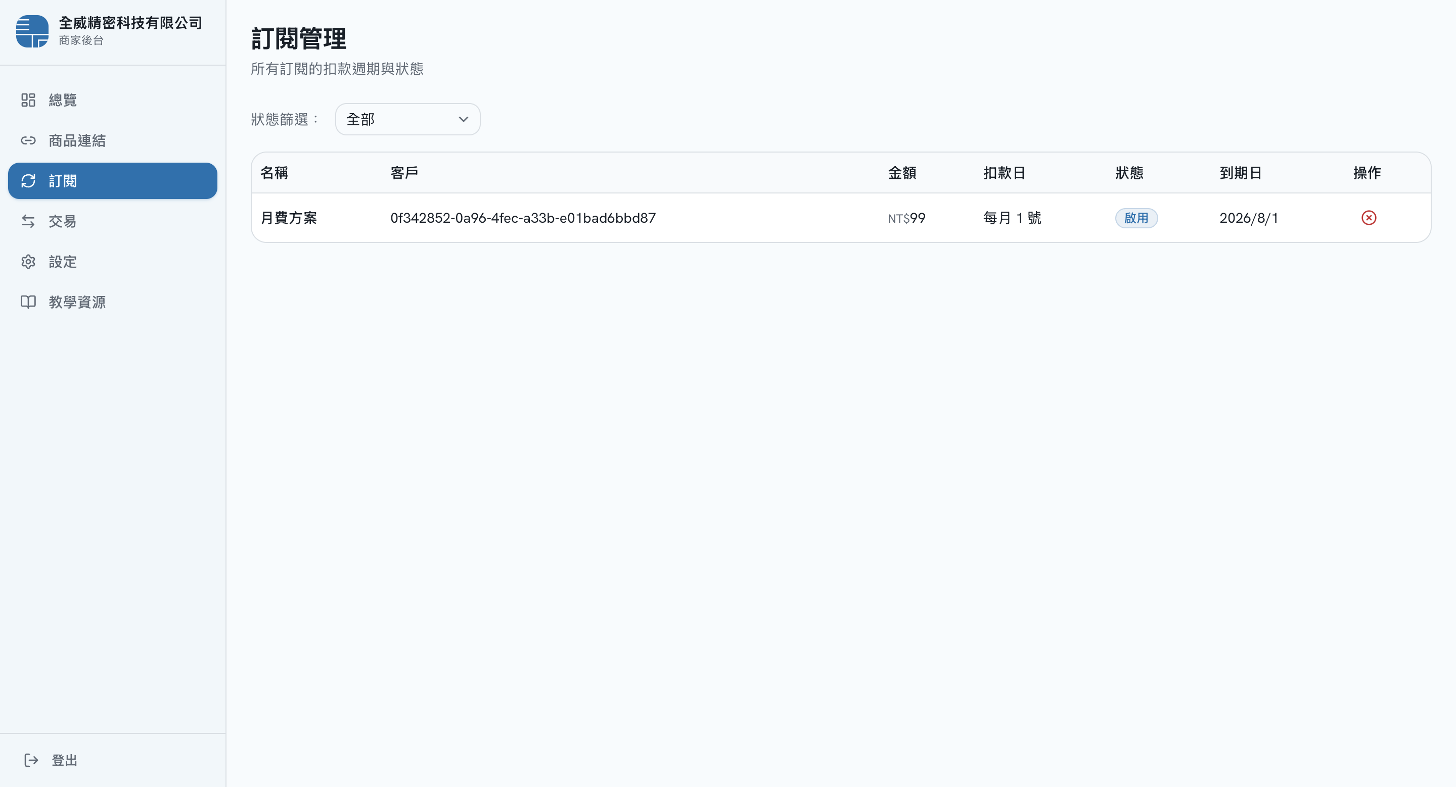 訂閱管理 畫面